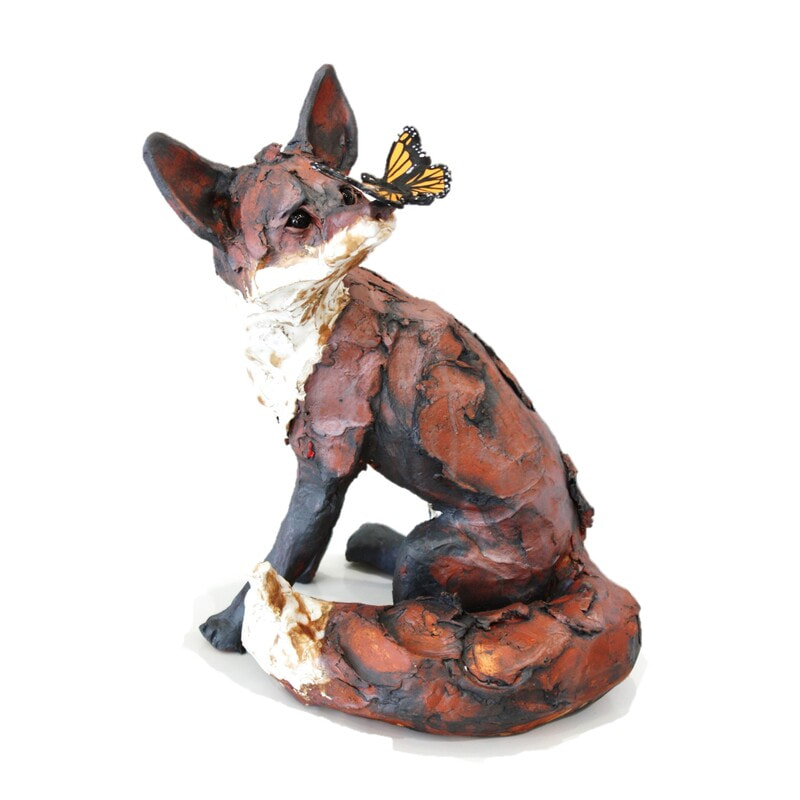 Kylie Matheson- "Fox and the Butterfly (Captivated)", Hand Built Ceramic Sculpture, 340 H x 240 W x 220mm D, 2021, SOLD