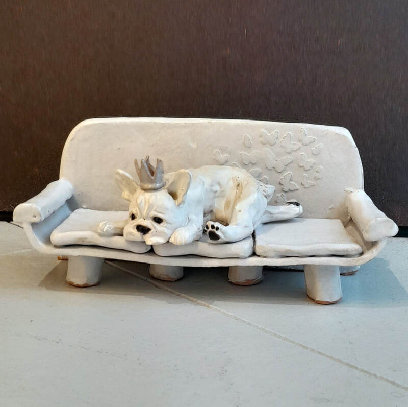 Kylie Matheson, "Sofa Pup (Frenchie on Sofa)", Ceramic Sculpture, 220 x 80 x 100mm, 2022