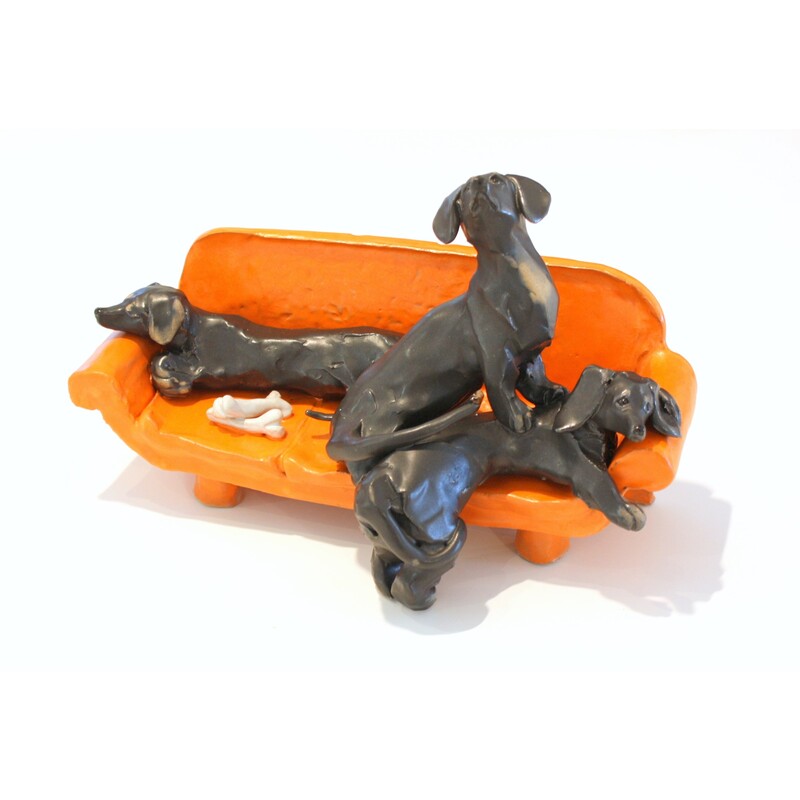 Kylie Matheson- "Gone to the Dogs", Ceramic Sculpture, 250 W x 100 H x 150mm D, 2021, SOLD