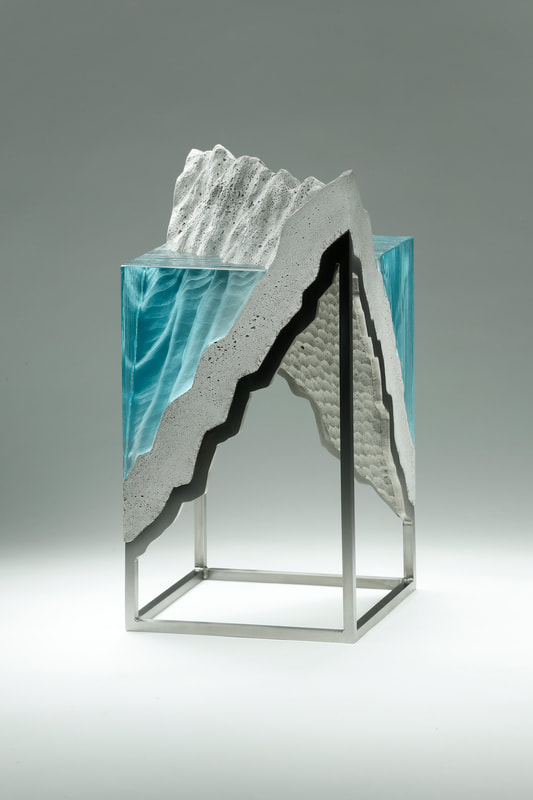 ​Ben Young, Land Bridge, Laminated float glass, cast concrete & stainless steel frame, 430 H x 220 W x 220mm D, 2021