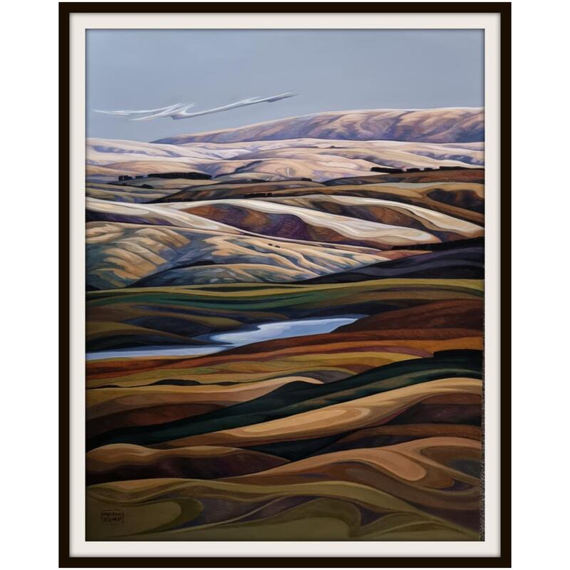 Maria Kemp, "Interweaving Landforms (Taieri River)", Oil on Board (framed), 800 x 900mm (Framed Size), 2022, SOLD