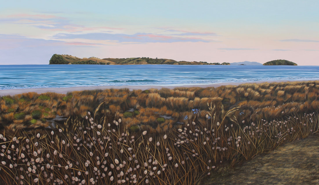 Maria Napier- "Bunnytails at Dawn- Pauanui Beach", Acrylic on Canvas, 1200 x 700mm, 2021
