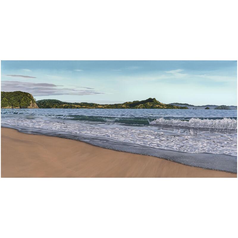 Maria Napier, "Summer Dawn, Cooks Beach", Acrylic on Canvas, 152 x 77cm (Light oak tray frame), 2022