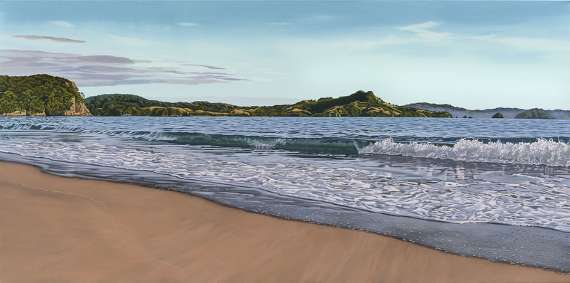 Maria Napier- "Summer Dawn, Cooks Beach", Acrylic on Canvas, 1520 x 770mm, Light oak tray frame, 2022