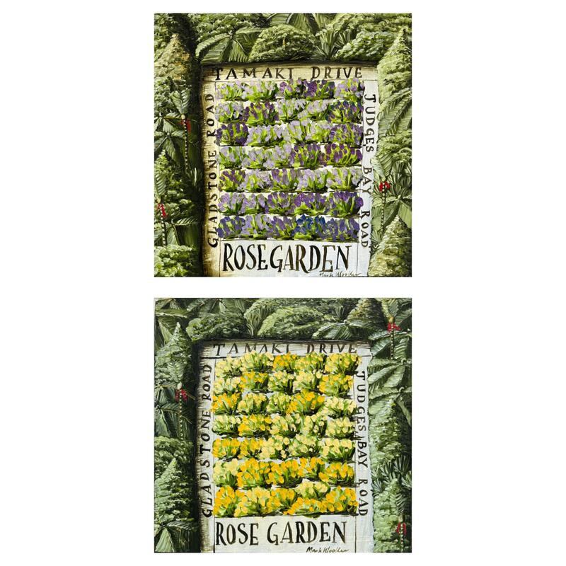 Mark Wooller- Mark Wooller, "Rose Gardens (Purple and Yellow)", Oil on Board, 200 x 200mm each, 2022, SOLD