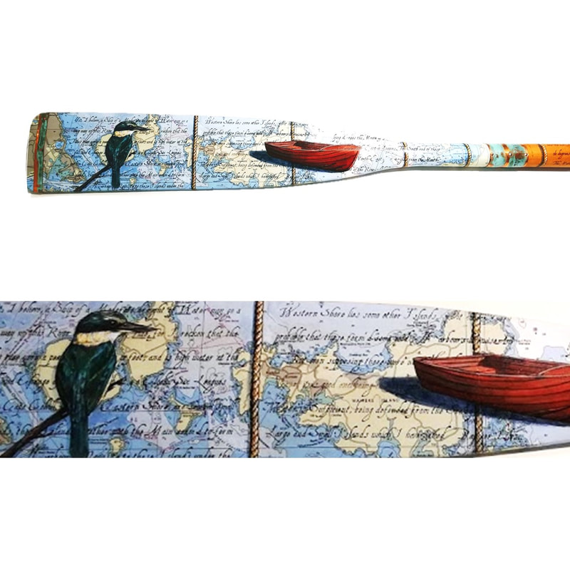 Justine Hawksworth, "Waiheke", Acrylic and Mixed Media on re-purposed oar, 1700mm length, 2019