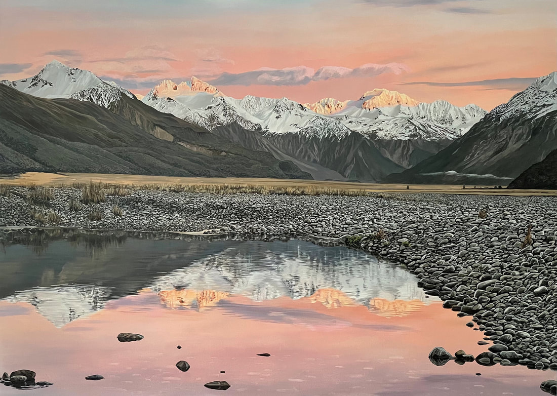 Phil Hanson- "Cold Water Dawn (Waimakariri River, Arthur's Pass)", Oil on Canvas, 1000 x 1400mm, 2021