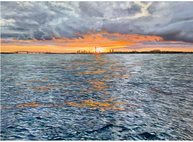 Phil Hanson, "Blazing dawn over the Waitemata", Oil on Canvas, 1000 x 1400mm, 2021