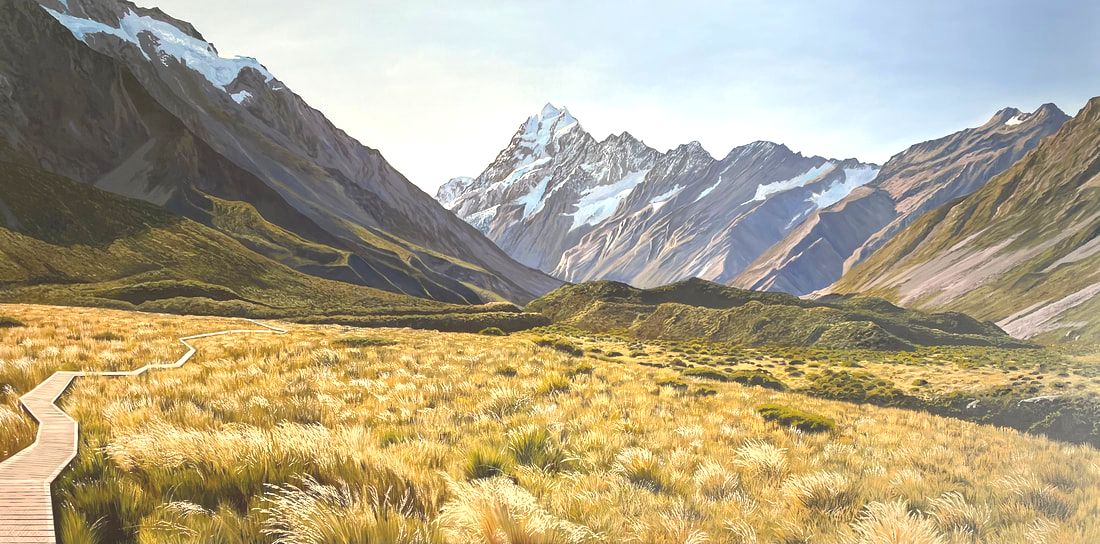 Phil Hanson, "Follow the Path (Hooker Valley track at Aoraki Mt Cook)", Oil on Canvas, 1000 x 2000mm, 2023