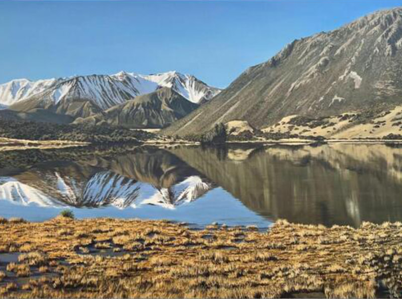 Phil Hanson “Lake Evelyn- Reflects the Craigieburn Range”, Oil on Canvas, 750 x 1500mm, 2022