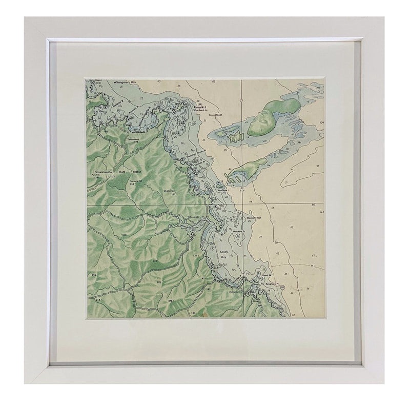 Philippa Bentley- "Northland Archipelago", Acrylic on Paper Marine Chart, Framed, 307 x 297mm, 2021, $550 (Map covers Matapouri | Mimiwhangata | Whangaruru on Northland's East coast)