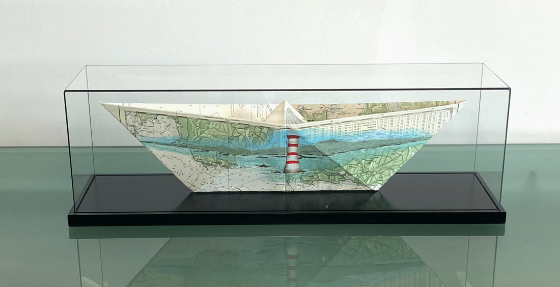 Philippa Bentley- "Rangitoto Lighthouse", Hand Painted Paper Boat in Glass Case, H 180mm X W 600mm X D 140mm, 2021