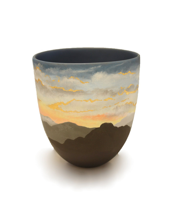 Rachel Murphy, "Sun Setting on our Land (Blue Interior), Hand Formed and Painted Porcelain with 24ct Gold Leaf, 140mm height, 2020