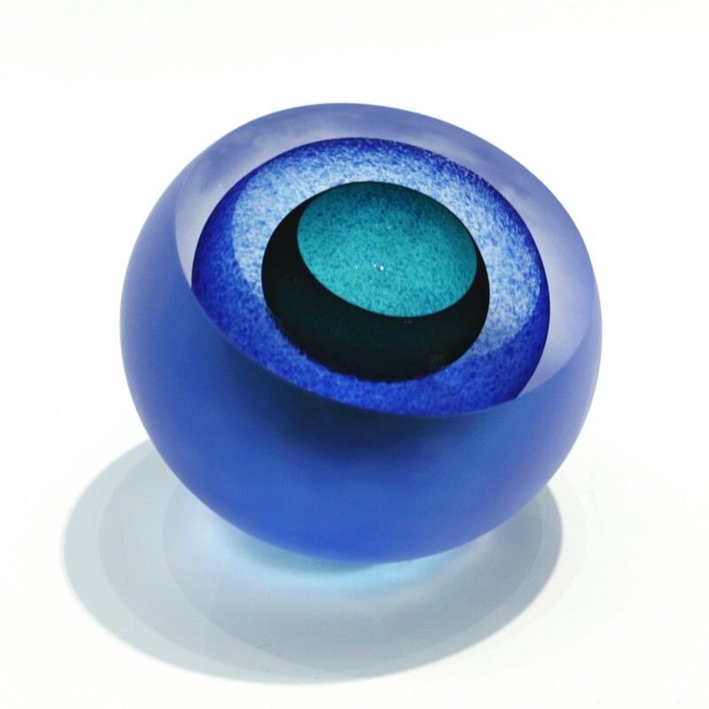 Rebecca Heap "Frosted Aqua/Cobalt Geode", Hand Blown Glass, 11cm Diameter, 2022