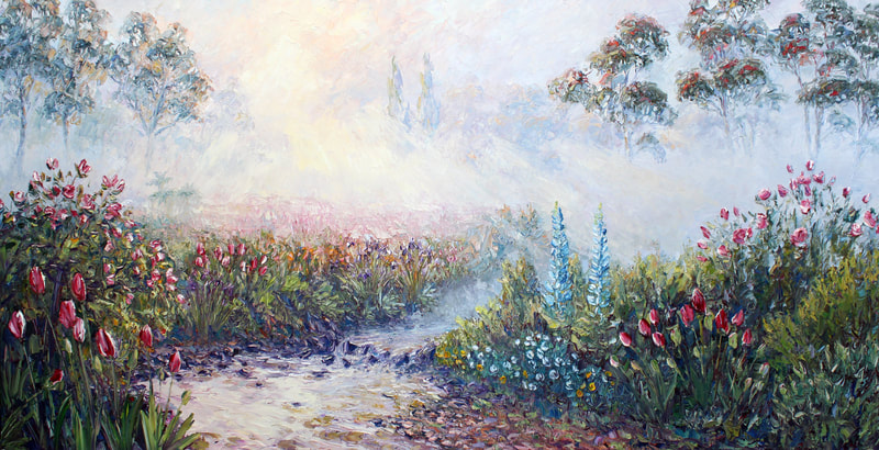 Richard Ponder, "Misty Morning in the Garden", Impasto Oil on Canvas, 2000 x 1020mm, 2020