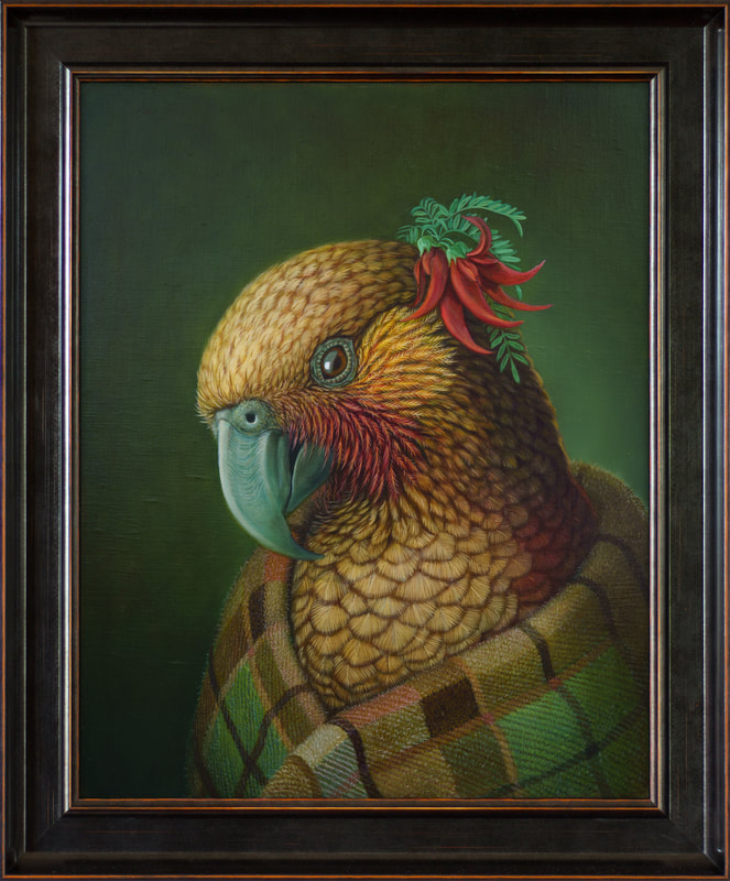 Rieko Woodford-Robinson, "Kōwhai ngutu-kākā (Kaka)", Oil on Canvas, Framed, Artwork Size: 50 x 40cm, 2022, SOLD