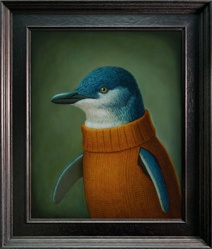 Rieko Woodford-Robinson, "Whakaeaea (Blue Penguin)", Oil on Board, Framed, Artwork Size: 50 x 40cm, 2022, SOLD