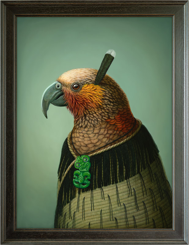 Rieko Woodford Robinson- "He rangatira kōhungahunga (Kaka)", Oil on Canvas, Framed, Artwork Size: 85 x 63cm, 2022, SOLD