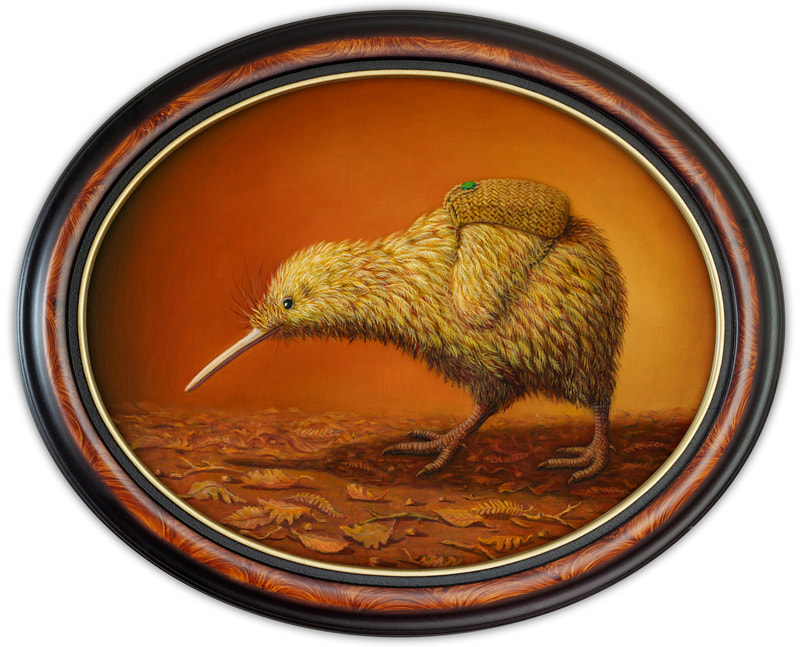 Rieko Woodford-Robinson, “Kei te haere ki te kāinga (Kiwi)", Oil on Canvas, Antique Frame, Artwork Size: 28.5 x 36cm, 2022, SOLD