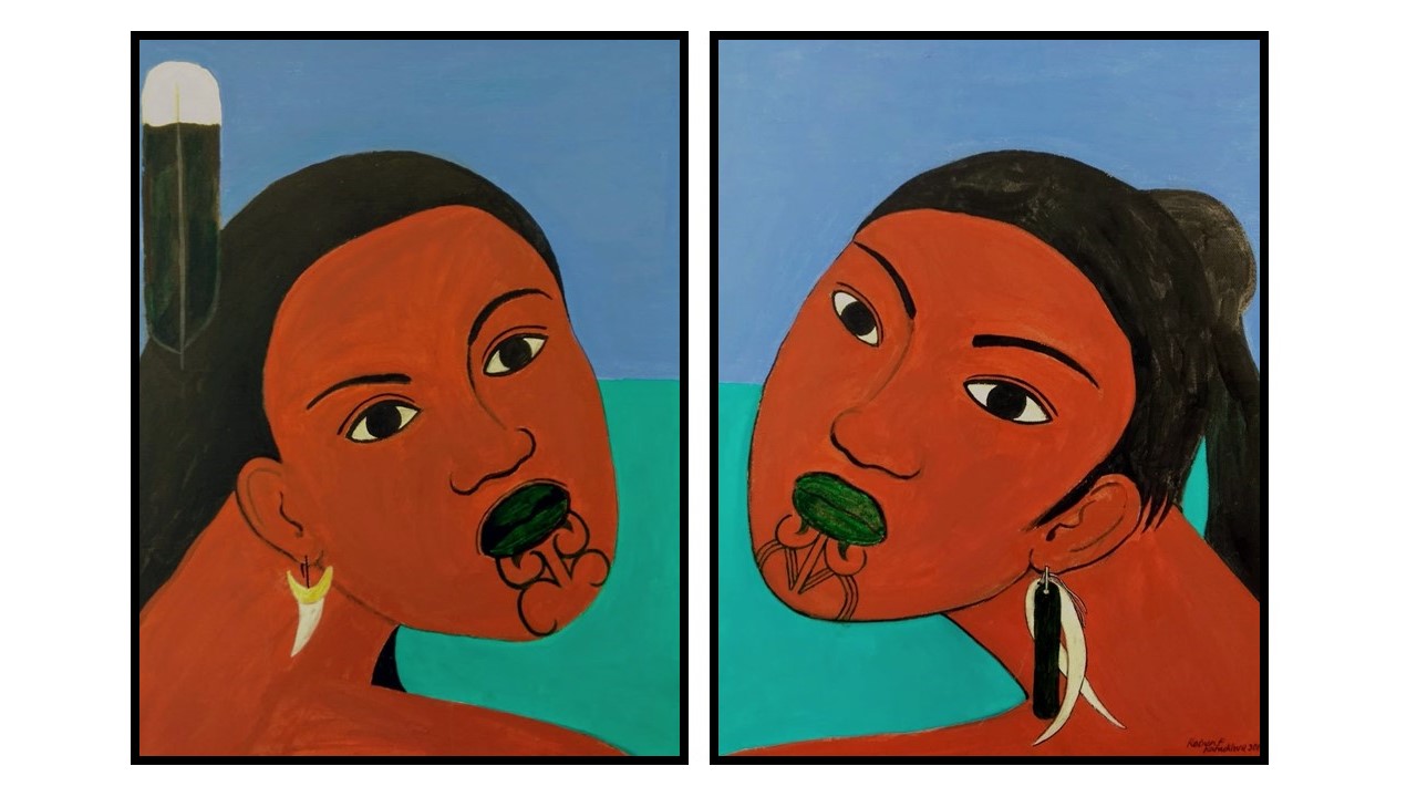 Robyn Kahukiwa, "Hine Kōkōwai (Diptych)", Acrylic on Canvas, Archival Framed, Artwork Size 355 W x 455mm H each canvas, 2019