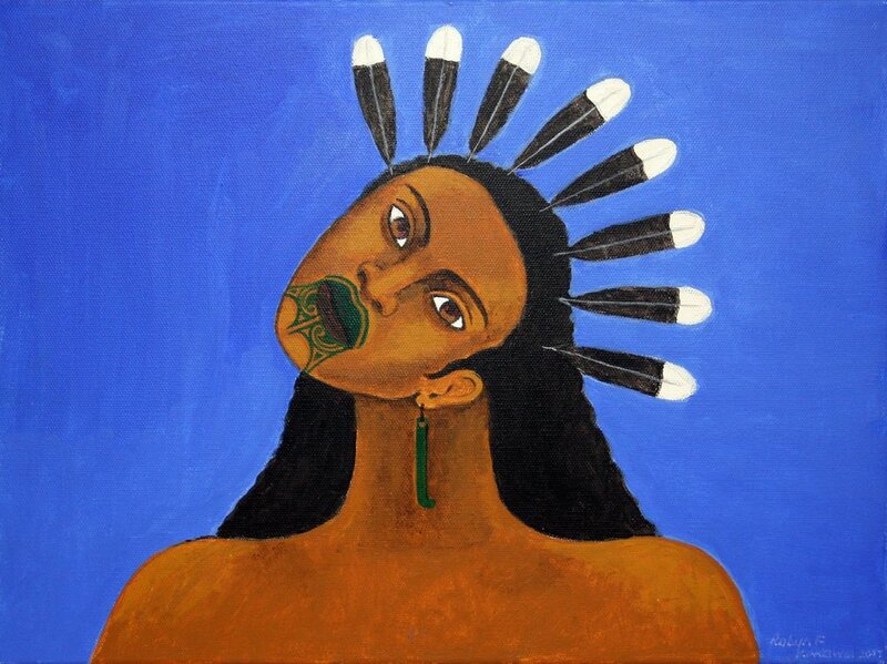Robyn Kahukiwa, "Nga Huia (Kapeu)", Tapu Head Series, Acrylic on Canvas, 30 x 40cm, 2017
