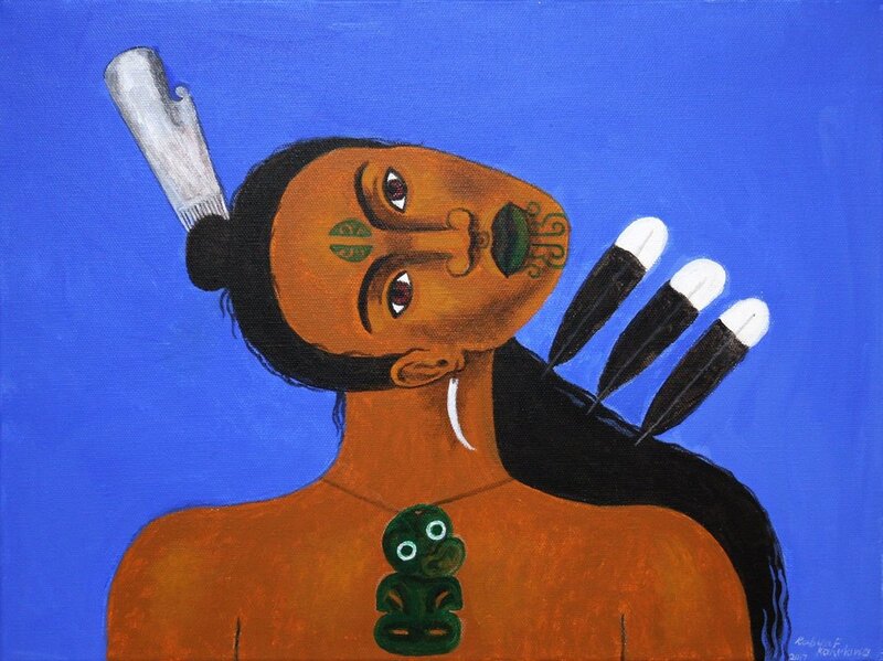 Robyn Kahukiwa, "Nga Huia (Tiki)", Tapu Head Series, Acrylic on Canvas, 30 x 40cm, 2017