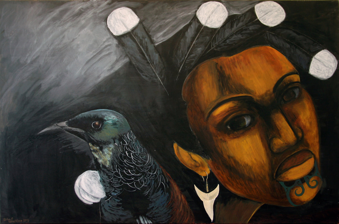 Robyn Kahukiwa, "Te Tui Me Te Wahine", Acrylic on Canvas, 2015