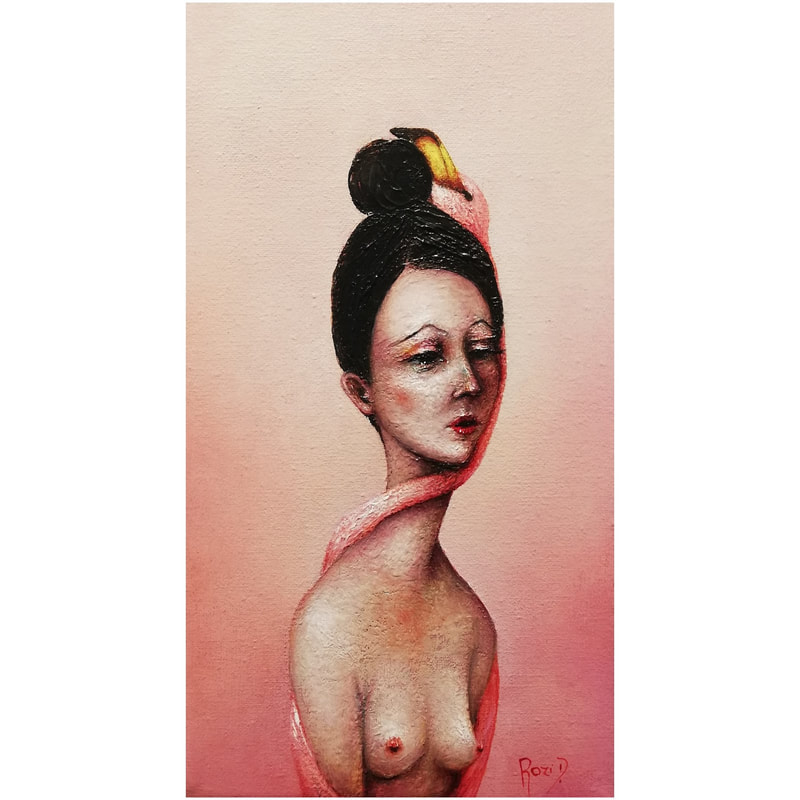 Rozi Demant, "Flamingo Hug", Acrylic on Canvas, 200 x 110mm, 2022