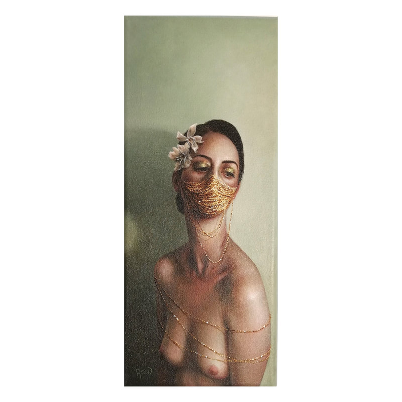 Rozi Demant- "Gold Mask", Acrylic on Canvas, 11 x 20cm, 2021