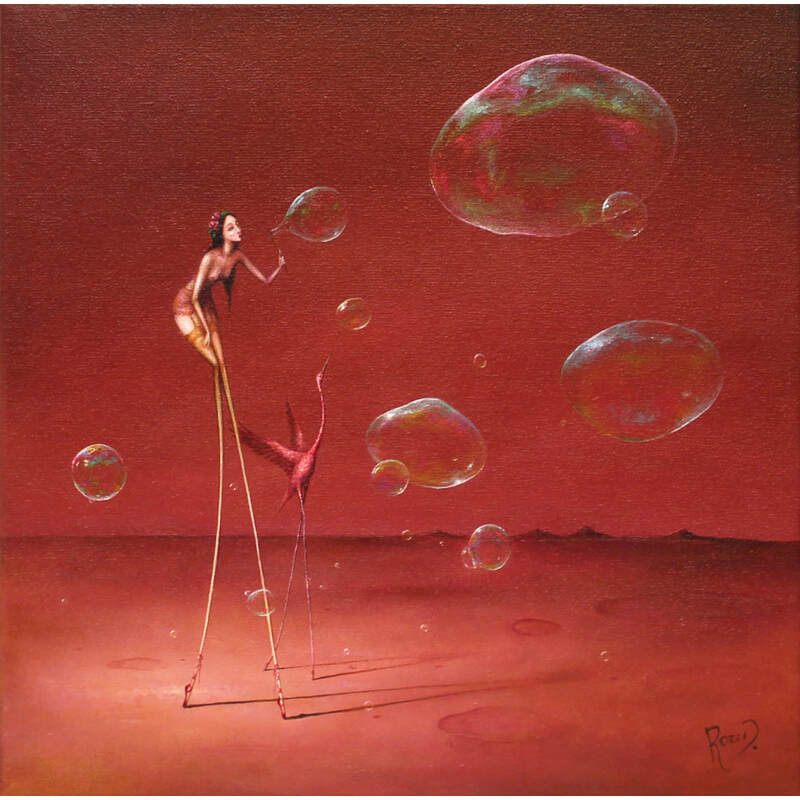 Rozi Demant, "Pink Bird and Bubbles", Acrylic on Canvas, 250 x 250mm, 2023