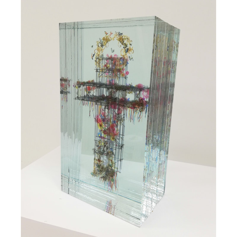 Ryan Carter- "Cross", ​Laminated Float Glass and Digital Transfer, 45 x 25 x 16cm, 2022