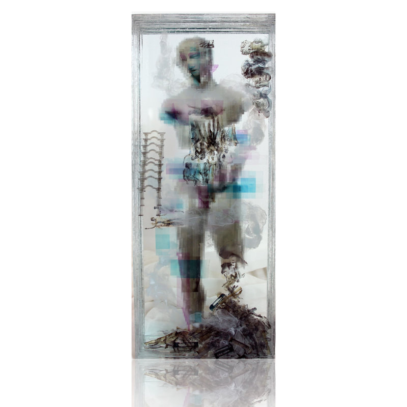 Ryan Carter- "End of an Error", Laminated Float Glass and Gel Transfer with Painted Elements, Sculpture, 45 x 18 x 12cm, 2021