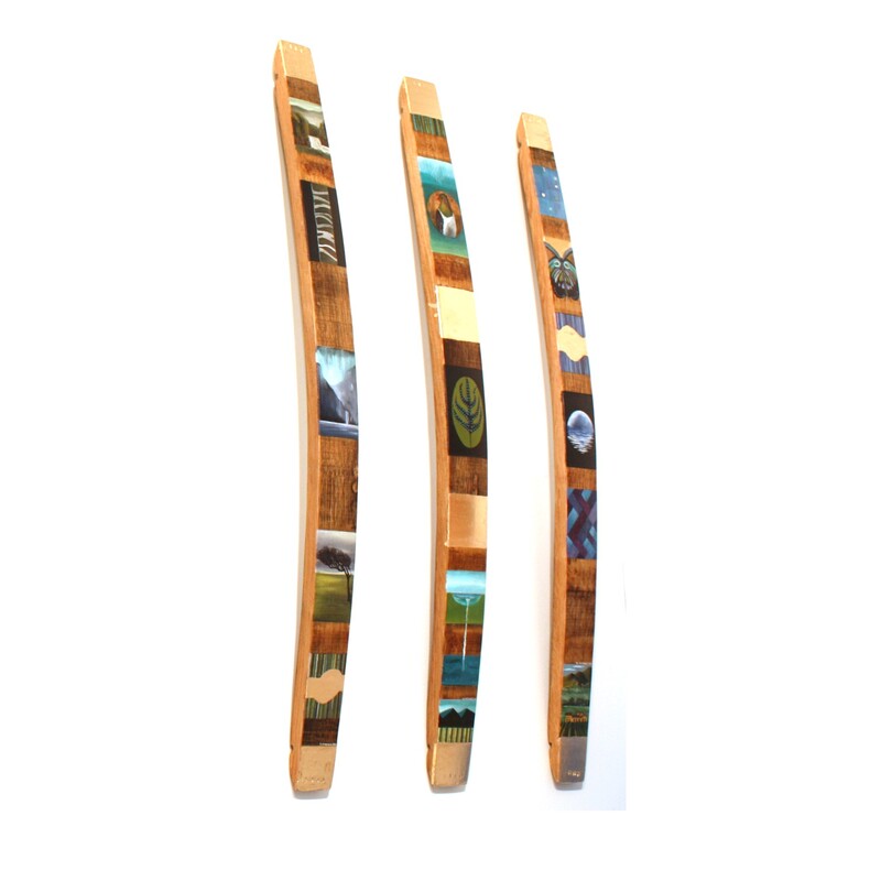 Sally Fagence- "Landscape Staves", Oak Stave, Mixed-Media and Gold Leaf on re-purposed wine barrels, 880 H x 100mm W, 2021