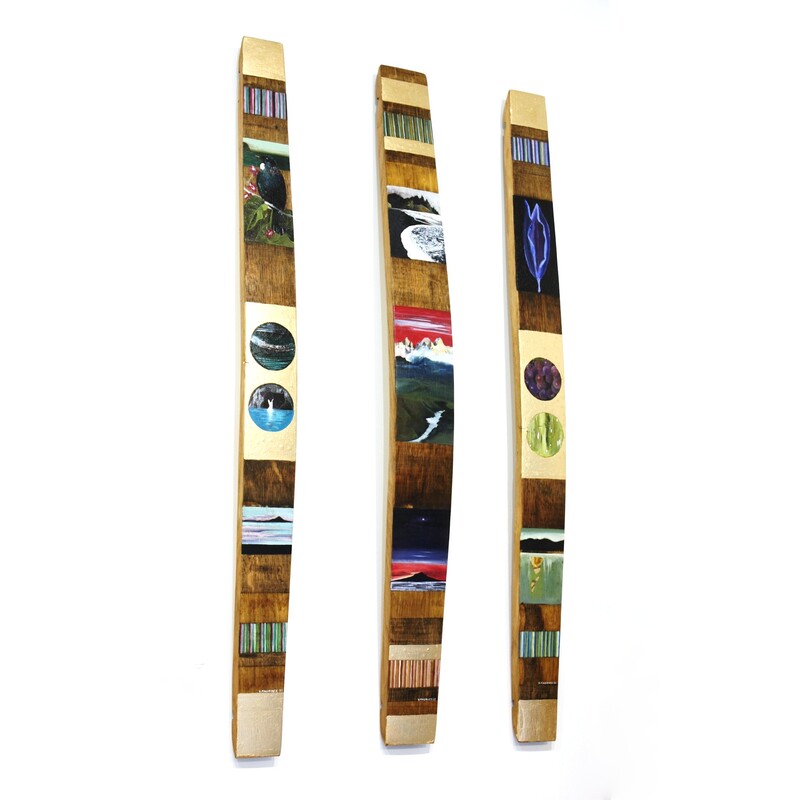 Sally Fagence- "Landscape Staves", Oak Staves, Oil and Gold Paint on Re-purposed Wine Barrel Staves, 880 H x 100mm W each, 2022