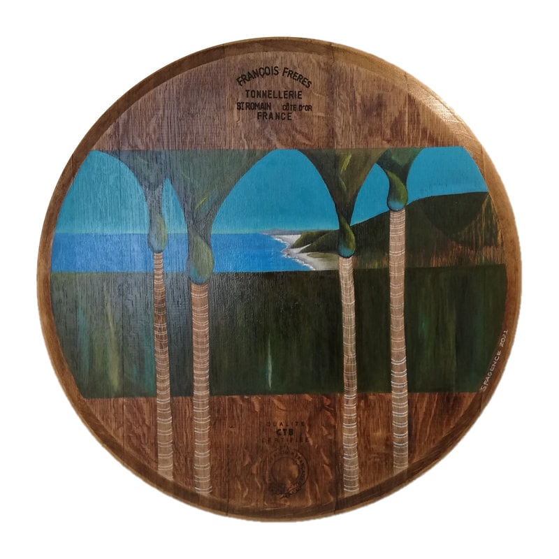 Sally Fagence, "Up North", Oil on Re-purposed Wine Barrel, 590mm Diameter