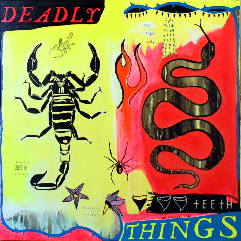 Sam Mathers, "Deadly Things", Mixed Media on Board, 800 x 800mm, 2023
