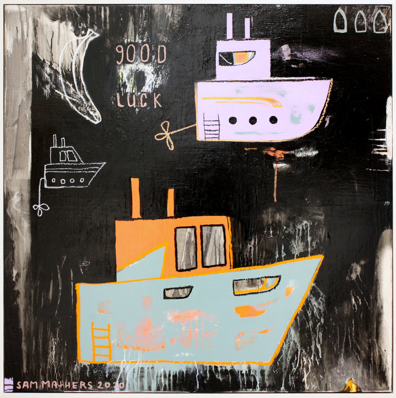 Sam Mathers- "In the Harbour II", Mixed Media on Canvas, Framed, 830 x 830mm, 2020