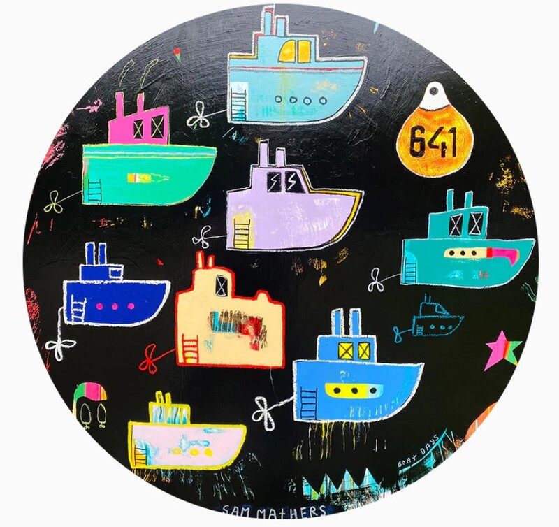Sam Mathers- "Lolly Boats", Mixed Media On Board, 1000mm Diameter, 2021