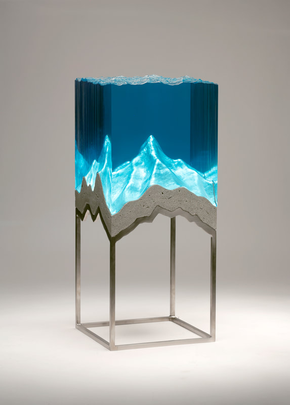 Ben Young, "Summit Below", Laminated float glass, cast concrete and stainless steel base with built in LED lighting, W 250 x H 580 x D 250mm, 2018, SOLD