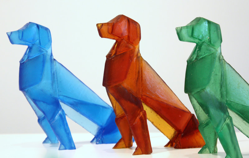 Tom Barter, "Origami Dogs", Hand Cast Glass, 130 H x 160 W x 60mm D, (Various Colours Available), $260 each