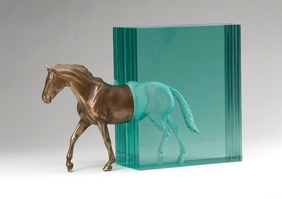 Ben Young, "Steed", Laminated clear float glass with cast bronze horse, H 200 x W 380 x D 140mm, SOLD
